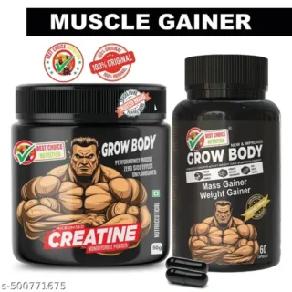 Grow Body Pure Creatine Powder 50G + Mass Gainer Caps 60 Ultimate Muscle Growth Combo(50g+60caps)