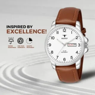 RUSTET Analog New Track Number Dial Day Date Functioning Leather Strap Watch for Men