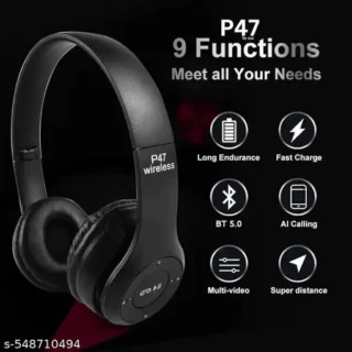 P 47 Wireless Bluetooth Sports Headphones with Microphone | On-Ear Bluetooth Headset for Active Lifestyles | Ideal for Gym, Running, and Travel (Black)