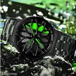 Tencel Gyro Spinning Wheel Men's Analog Watch with Black Silicone Band, Geometric Pattern Dial, Modern Design For Mens (Green)